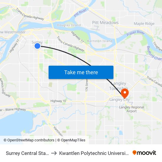Surrey Central Station @ Bay 9 to Kwantlen Polytechnic University - Langley Campus map