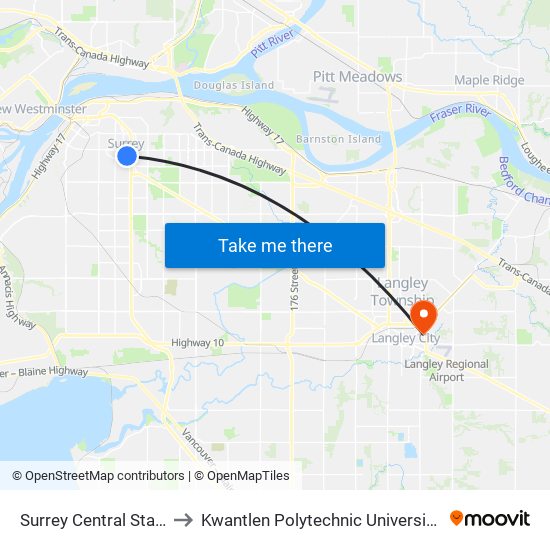 Surrey Central Station @ Bay 2 to Kwantlen Polytechnic University - Langley Campus map