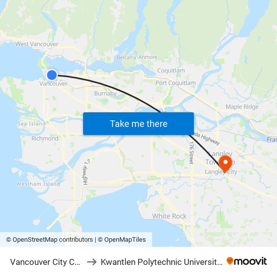 Vancouver City Centre Station to Kwantlen Polytechnic University - Langley Campus map