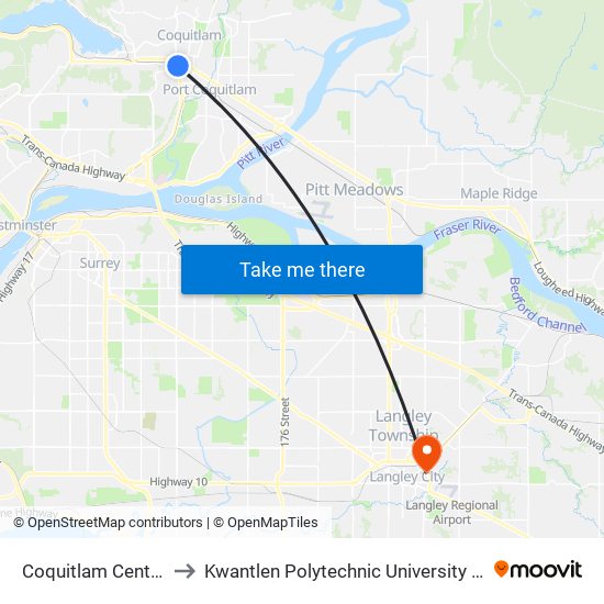 Coquitlam Central Station to Kwantlen Polytechnic University - Langley Campus map