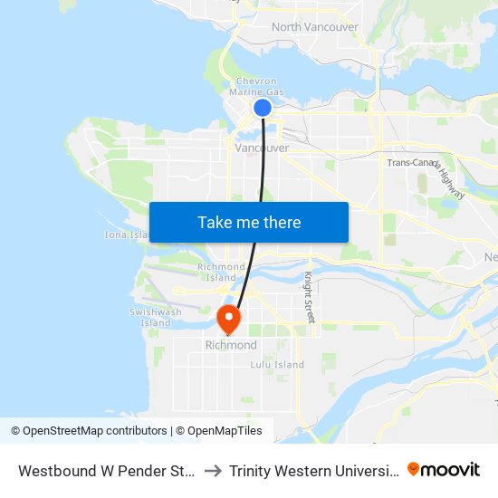 Westbound W Pender St @ Seymour St to Trinity Western University - Richmond map