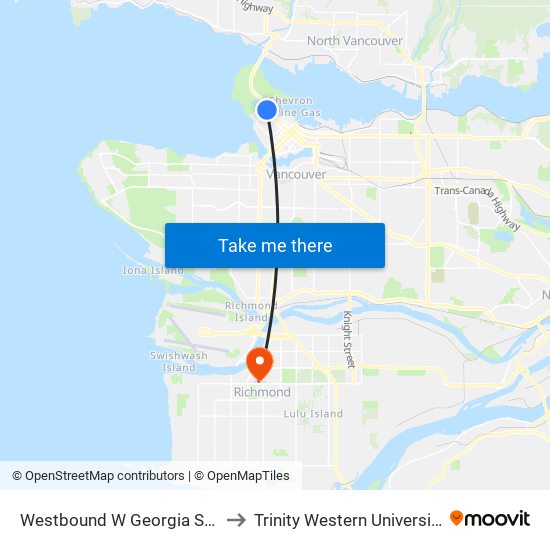 Westbound W Georgia St @ Denman St to Trinity Western University - Richmond map