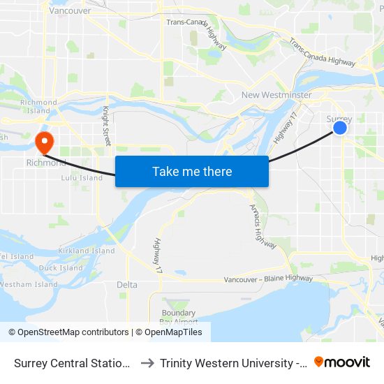 Surrey Central Station @ Bay 2 to Trinity Western University - Richmond map