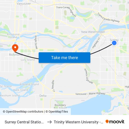 Surrey Central Station @ Bay 4 to Trinity Western University - Richmond map