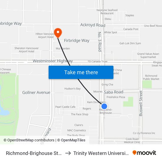 Richmond-Brighouse Station @ Bay 3 to Trinity Western University - Richmond map