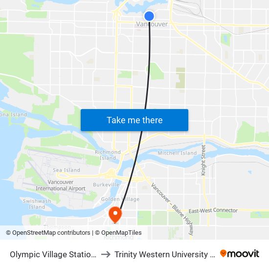 Olympic Village Station @ Bay 1 to Trinity Western University - Richmond map