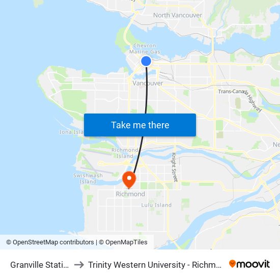 Granville Station to Trinity Western University - Richmond map