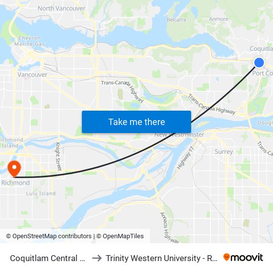 Coquitlam Central Station to Trinity Western University - Richmond map