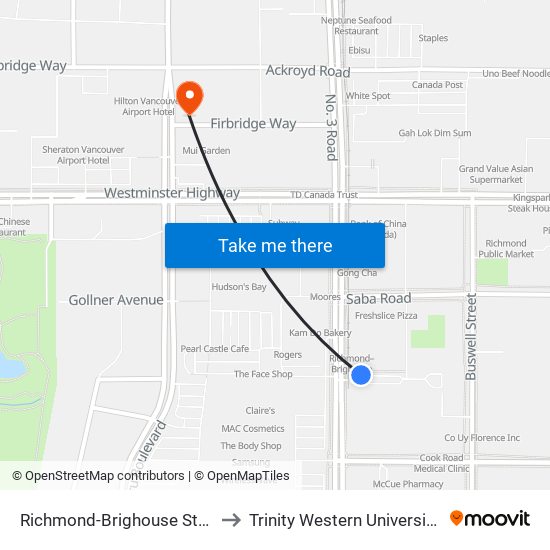 Richmond-Brighouse Station @ Bay 1 to Trinity Western University - Richmond map