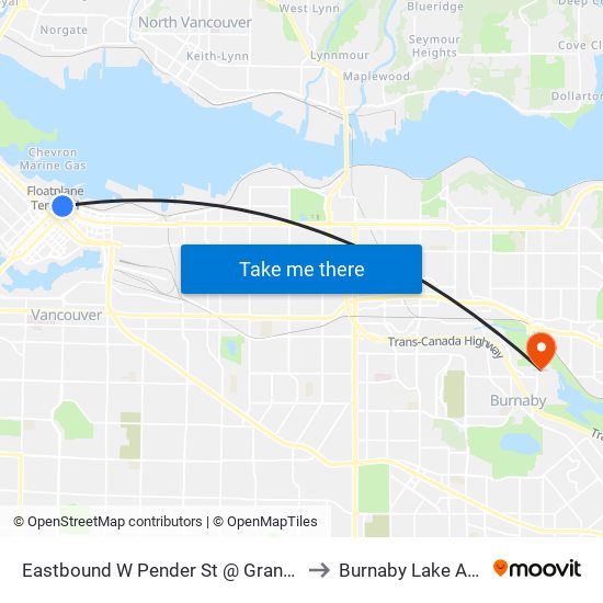 Eastbound W Pender St @ Granville St to Burnaby Lake Arena map