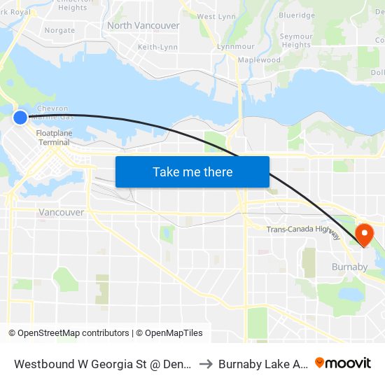 Westbound W Georgia St @ Denman St to Burnaby Lake Arena map