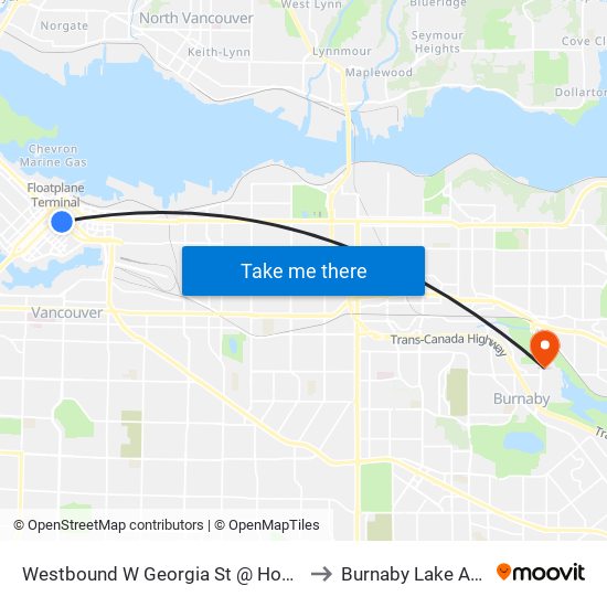 Westbound W Georgia St @ Homer St to Burnaby Lake Arena map