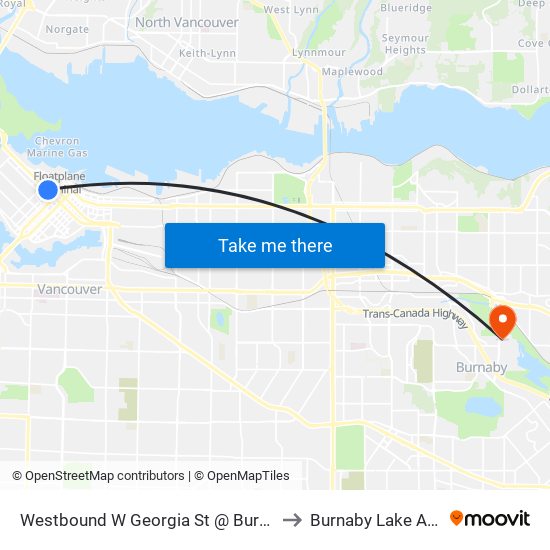 Westbound W Georgia St @ Burrard St to Burnaby Lake Arena map