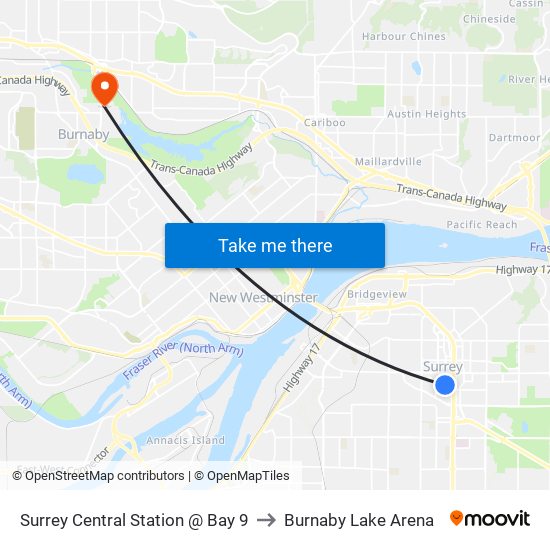 Surrey Central Station @ Bay 9 to Burnaby Lake Arena map