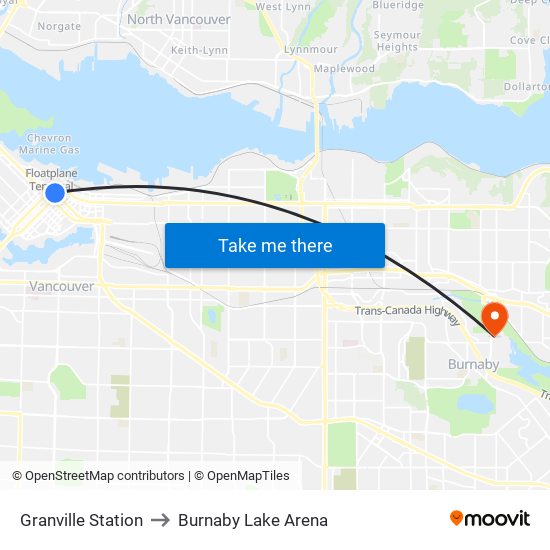 Granville Station to Burnaby Lake Arena map