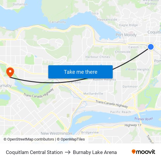 Coquitlam Central Station to Burnaby Lake Arena map