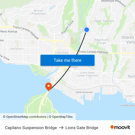 Capilano Suspension Bridge to Lions Gate Bridge map