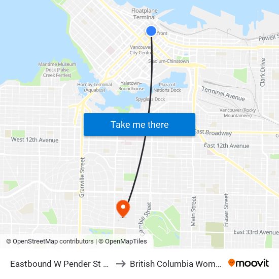 Eastbound W Pender St @ Granville St to British Columbia Women's Hospital map