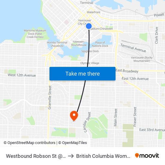 Westbound Robson St @ Hamilton St to British Columbia Women's Hospital map