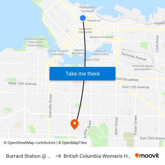 Burrard Station @ Bay 1 to British Columbia Women's Hospital map