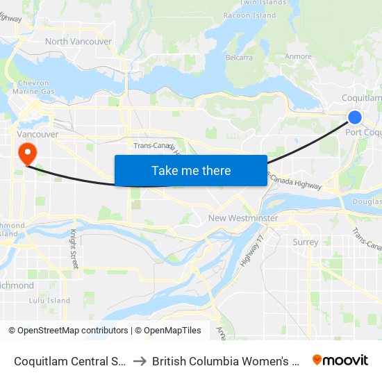 Coquitlam Central Station to British Columbia Women's Hospital map