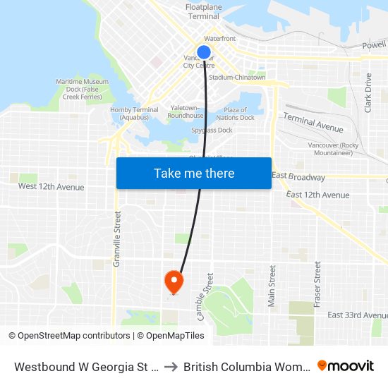 Westbound W Georgia St @ Seymour St to British Columbia Women's Hospital map