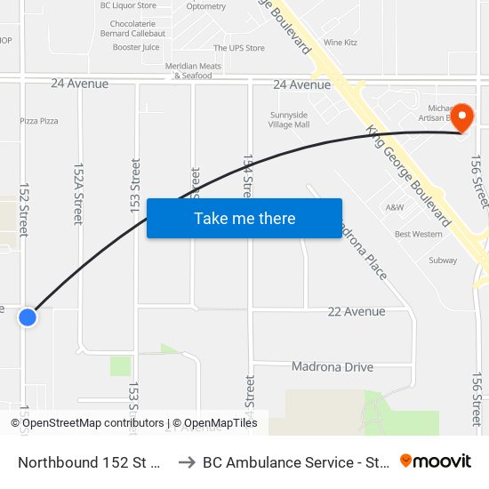 Northbound 152 St @ 22 Ave to BC Ambulance Service - Station 254 map