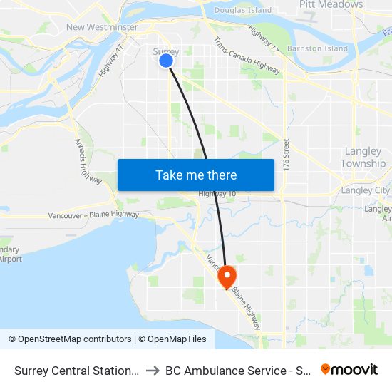 Surrey Central Station @ Bay 4 to BC Ambulance Service - Station 254 map