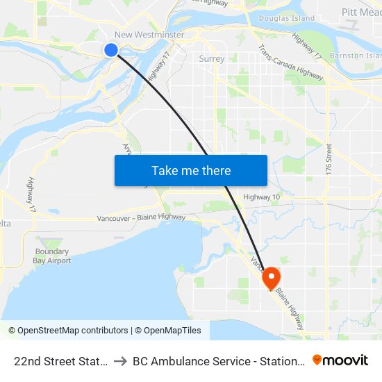 22nd Street Station to BC Ambulance Service - Station 254 map