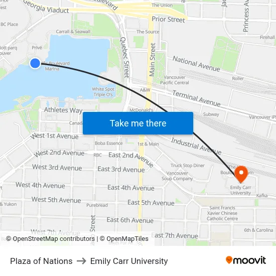 Plaza of Nations to Emily Carr University map