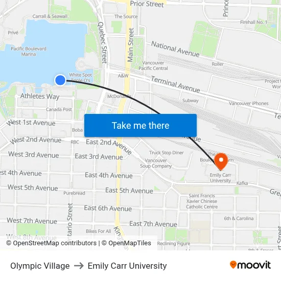 Olympic Village to Emily Carr University map