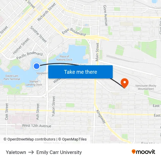 Yaletown to Emily Carr University map