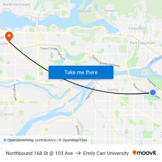 Northbound 168 St @ 103 Ave to Emily Carr University map