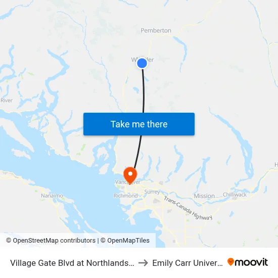 Village Gate Blvd at Northlands Blvd to Emily Carr University map