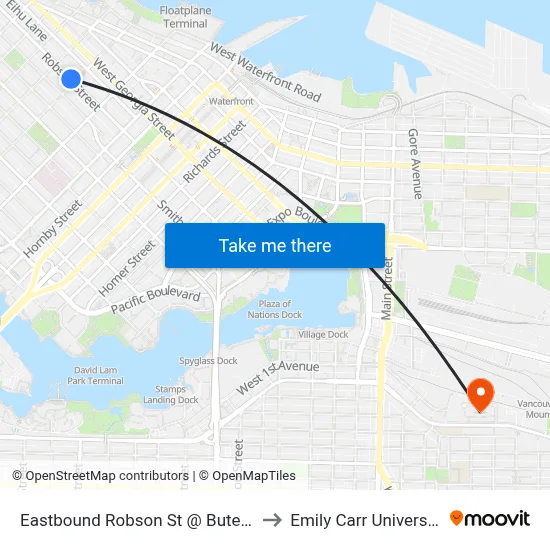 Eastbound Robson St @ Bute St to Emily Carr University map