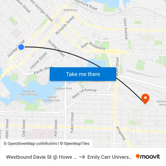 Westbound Davie St @ Howe St to Emily Carr University map