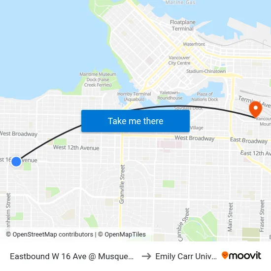 Eastbound W 16 Ave @ Musqueamview St to Emily Carr University map