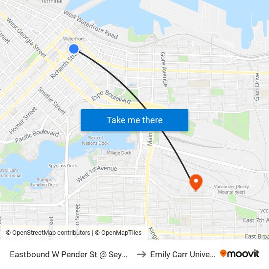Eastbound W Pender St @ Seymour St to Emily Carr University map