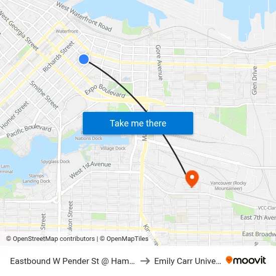 Eastbound W Pender St @ Hamilton St to Emily Carr University map