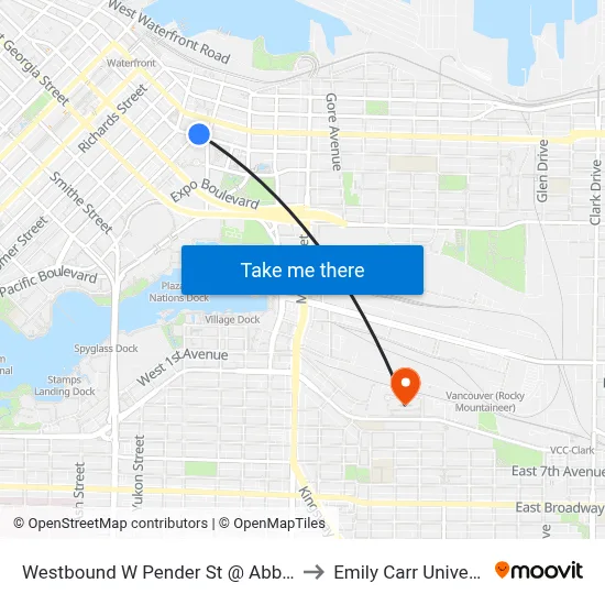 Westbound W Pender St @ Abbott St to Emily Carr University map
