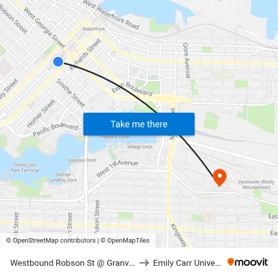 Westbound Robson St @ Granville St to Emily Carr University map