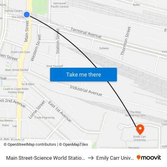 Main Street-Science World Station @ Bay 1 to Emily Carr University map