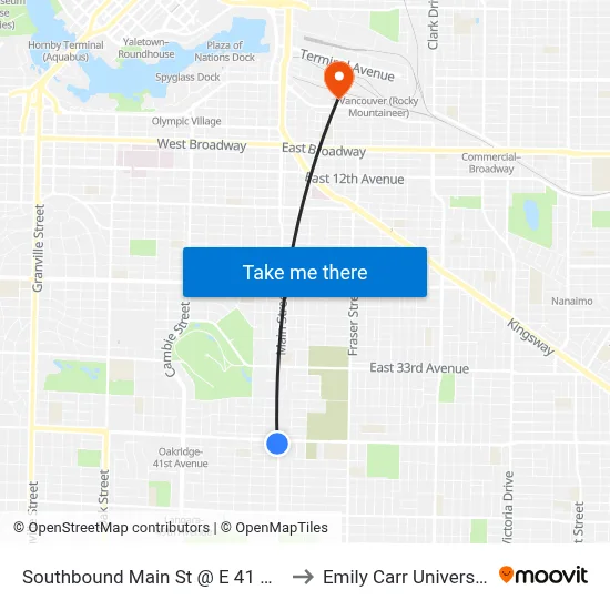 Southbound Main St @ E 41 Ave to Emily Carr University map