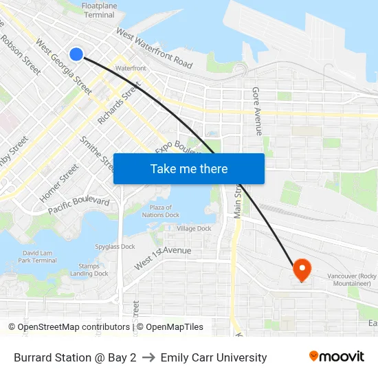 Burrard Station @ Bay 2 to Emily Carr University map