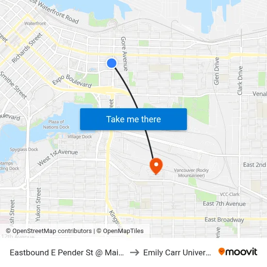 Eastbound E Pender St @ Main St to Emily Carr University map
