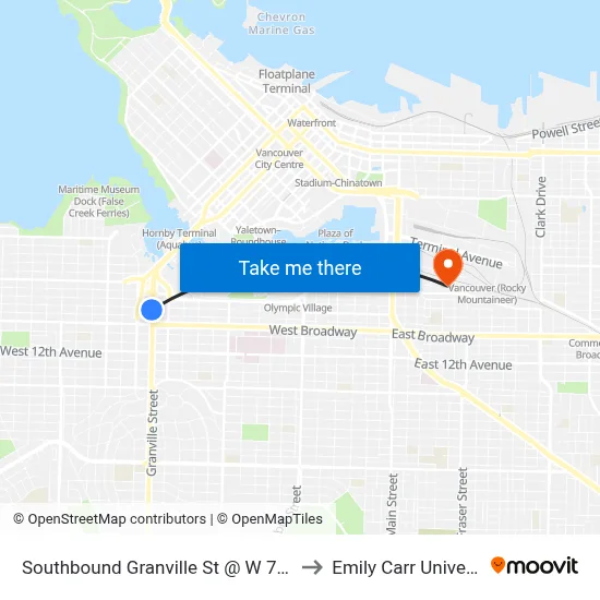 Southbound Granville St @ W 7th Ave to Emily Carr University map