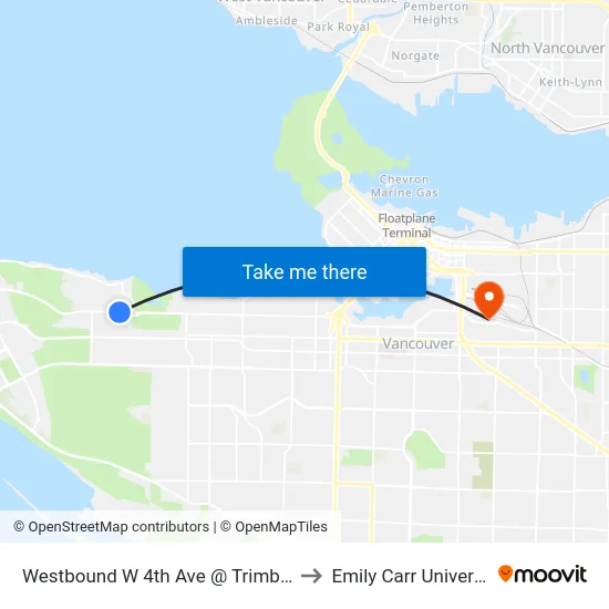 Westbound W 4th Ave @ Trimble St to Emily Carr University map