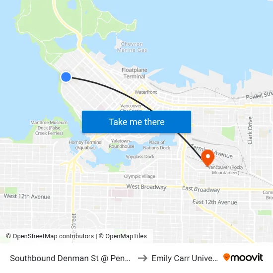 Southbound Denman St @ Pendrell St to Emily Carr University map
