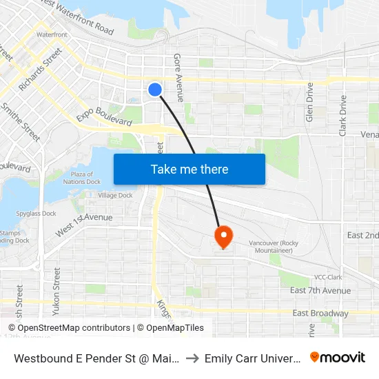 Westbound E Pender St @ Main St to Emily Carr University map