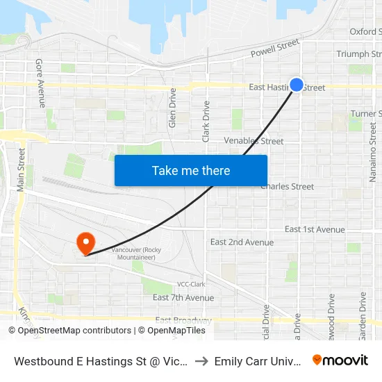 Westbound E Hastings St @ Victoria Dr to Emily Carr University map